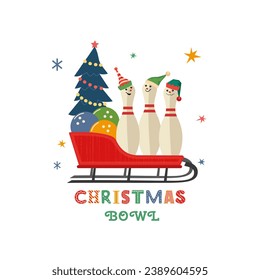 Christmas holiday bowling fancy vector icon. Bowling ball, funny pin, Elf hat cartoon design element. Bowl club x-mas holidays invitation template. Christmas bowl party event background illustration