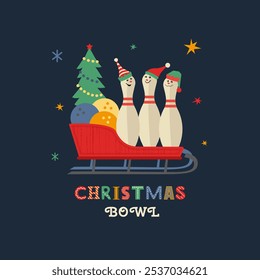 Christmas holiday bowling fancy vector icon. Bowling ball, funny pin, Elf hat minimal design element. Bowl club x-mas holidays invitation poster template. Christmas party event background illustration