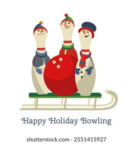 Christmas holiday bowling fancy vector icon. Bowling ball, funny pins in sleigh cartoon design element. Bowl club x-mas holidays invitation template. Christmas bowl party event background illustration