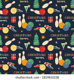 Christmas holiday bowling seamless vector pattern. Bowling ball, pin, shoes, x-mas tree cartoon design element. Sport bowl club winter holidays advertisement. Print, web banner background illustration