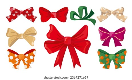 
Christmas holiday bows for packing set. Red, gold, green bows. Polka dot bow. A bow with snowflakes. Illustrated vector clip art.