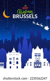 Christmas holiday Brussels city, Belgium. Winter snowy poster.
