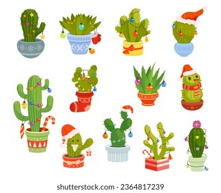 Actos navideños y espinosos saguaro mexicano suculentos en sombreros Santa, icono vector. Cactus de peyote y opuntia con decoraciones navideñas de invierno, calcetines de regalo y copos de nieve en maceta de flores