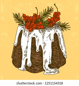 Christmas holiday cake decorated with fir branches and currants. Color card. Engraving style. Vector illustration.