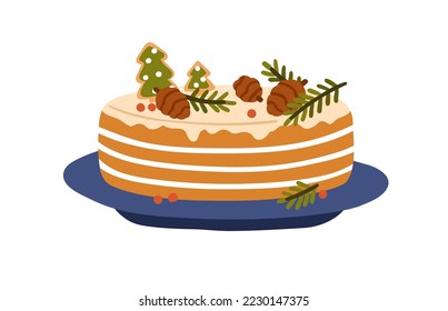 Christmas holiday cake. Sweet Xmas dessert, sugar food decorated with cones, fir tree cookies, branches. Winter confectionery with vanilla layers. Flat vector illustration isolated on white background