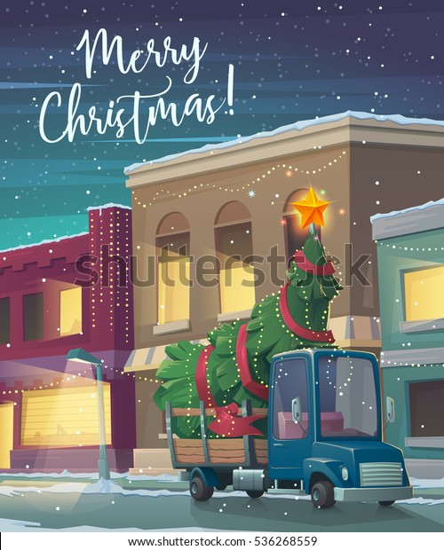 Christmas\
Holiday card. Cartoon truck with Christmas tree. Retro truck\
carries Christmas tree through town in snowy weather. Greeting card\
with fairy tale houses. Vector\
illustration.
