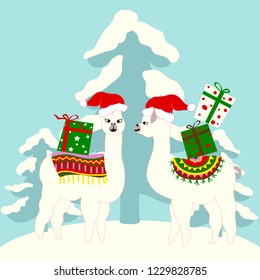 Christmas holiday card with cute llamas and tree vector