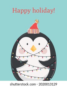Christmas, holiday card with a cute penguin Vector illustration.