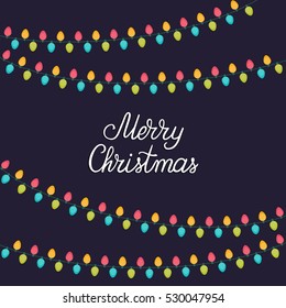 Christmas holiday card design with hand lettering and Christmas lights. Merry Christmas. Vector illustration