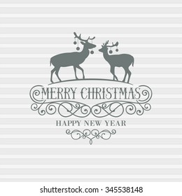 Christmas holiday card drawing with deers contour and holiday text. Vector illustration.