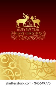 Christmas holiday card drawing with deers contour and holiday text. Vector illustration.