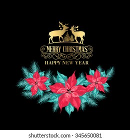 Christmas holiday card drawing with deers contour and holiday text. Christmas mistletoe branch frame drawing with holiday text. Vector illustration.