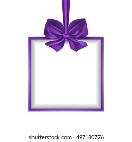 Christmas holiday card with frame and purple bow. New Year. Vector illustration for your design.