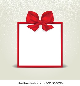 Christmas holiday card with frame and red bow. New Year. Vector illustration for your design.