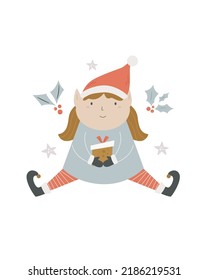 Christmas holiday card with funny elf girl in a winter hat. Xmas greeting card.