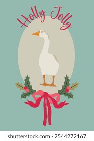 Christmas Holiday card with goose in vintage style. Vector pre-made printable card template with hand drawn character and ribbon bow illustration.
