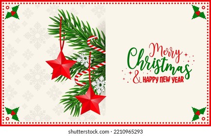 Christmas holiday card with a green needle, snowflakes, magic wands and hanging red stars. Decorative frame around the illustration with holly berries.