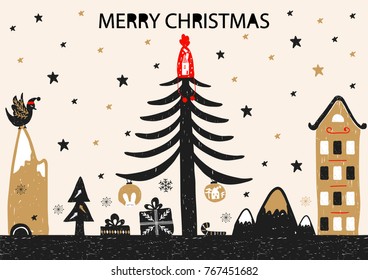 Christmas holiday card with hand drawn style