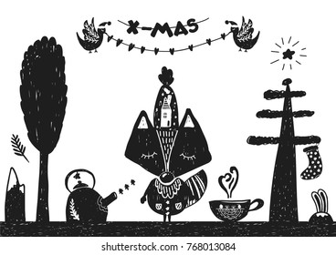 Christmas holiday card with hand drawn style. Vector illustration