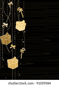 Christmas holiday card with hanging gift boxes,candy bow,stars in golden color on black line background for Christmas & other occasions.