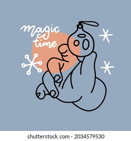 Christmas holiday card linear elegant design. Childish hand holding shiny Xmas bauble ball. Happy new year Vintage poster, banner. Festive decorative objects. Monoline vector illustration. Magic time