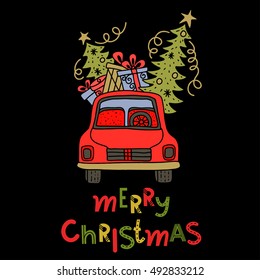 Christmas Holiday card. Merry Christmas handwritten text, lettering. Car, pine trees, gift boxes. Hand drawn isolated on black background. Vector design