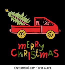 Christmas Holiday card. Merry Christmas handwritten text, lettering. Tree, car. Hand drawn isolated on black background