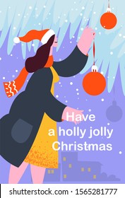 Christmas holiday card. People celebrated xmas. Young woman decorated christmas tree on the street. Vector illustration moden flat style