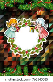 Christmas holiday card with pine branches, sweet little angel and  wreath. Copy space. Vector clip art.