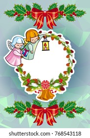 Christmas holiday card with pine branches, sweet little angel and  wreath. Copy space. Vector clip art.