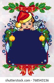 Christmas holiday card with pine branches, sweet little angel and  wreath. Copy space. Vector clip art.