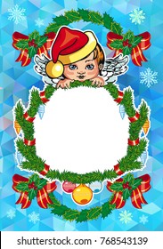 Christmas holiday card with pine branches, sweet little angel and  wreath. Copy space. Vector clip art.