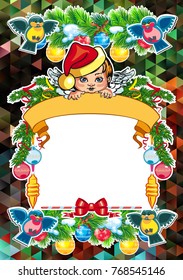 Christmas holiday card with pine branches, sweet little angel and wreath. Copy space. Vector clip art.