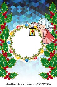 Christmas holiday card with pine branches, sweet little angel and wreath. Copy space. Vector clip art.