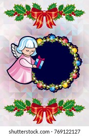 Christmas holiday card with pine branches, sweet little angel and wreath. Copy space. Vector clip art.