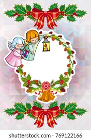 Christmas holiday card with pine branches, sweet little angel and wreath. Copy space. Vector clip art.