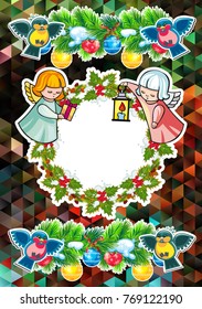 Christmas holiday card with pine branches, sweet little angel and wreath. Copy space. Vector clip art.