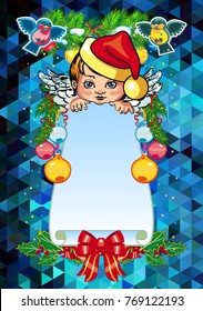 Christmas holiday card with pine branches, sweet little angel and wreath. Copy space. Vector clip art.