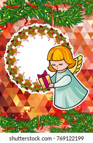 Christmas holiday card with pine branches, sweet little angel and wreath. Copy space. Vector clip art.