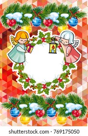 Christmas holiday card with pine branches, sweet little angel and wreath. Copy space. Vector clip art.