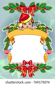 Christmas holiday card with pine branches, sweet little angel and wreath. Copy space. Vector clip art.