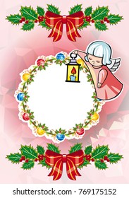 Christmas holiday card with pine branches, sweet little angel and wreath. Copy space. Vector clip art.