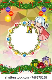 Christmas holiday card with pine branches, sweet little angel and wreath. Copy space. Vector clip art.