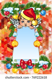 Christmas holiday card with pine branches, sweet little angel and wreath. Copy space. Vector clip art.