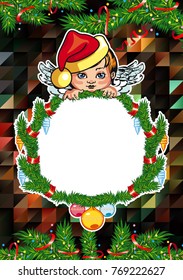 Christmas holiday card with pine branches, sweet little angel and wreath. Copy space. Vector clip art.