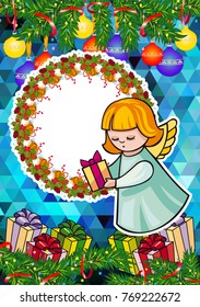 Christmas holiday card with pine branches, sweet little angel and wreath. Copy space. Vector clip art.