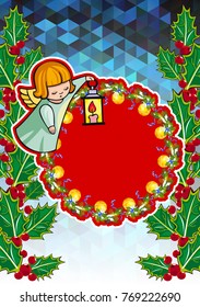 Christmas holiday card with pine branches, sweet little angel and wreath. Copy space. Vector clip art.
