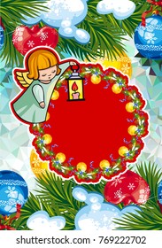 Christmas holiday card with pine branches, sweet little angel and wreath. Copy space. Vector clip art.