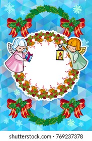 Christmas holiday card with pine branches, sweet little angel and wreath. Copy space. Vector clip art.