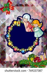 Christmas holiday card with pine branches, sweet little angel and wreath. Copy space. Vector clip art.
